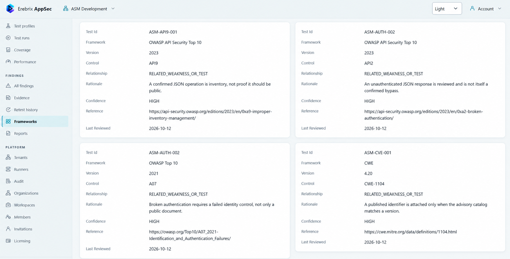 Erebrix AppSec framework mappings showing OWASP API Security, OWASP Top 10, and CWE test rationale and references.